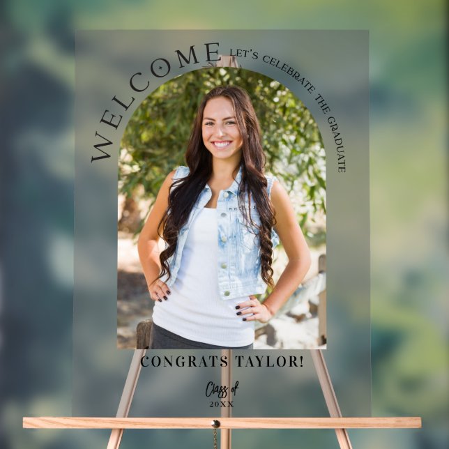 Modern Arch Photo Graduation Party Welcome Frosted Acrylic Sign (Neutral)