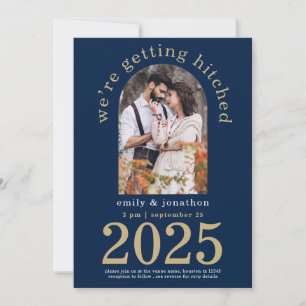 Modern Arch Photo Navy Gold Wedding Save The Date Invitation