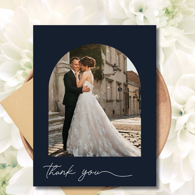 Modern Arch Photo Navy Wedding Thank You  Postcard (Modern Arch Photo Navy Wedding Thank You Postcard)