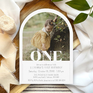 Modern Arch Photo ONE 1st Birthday Party Girl Boy Invitation
