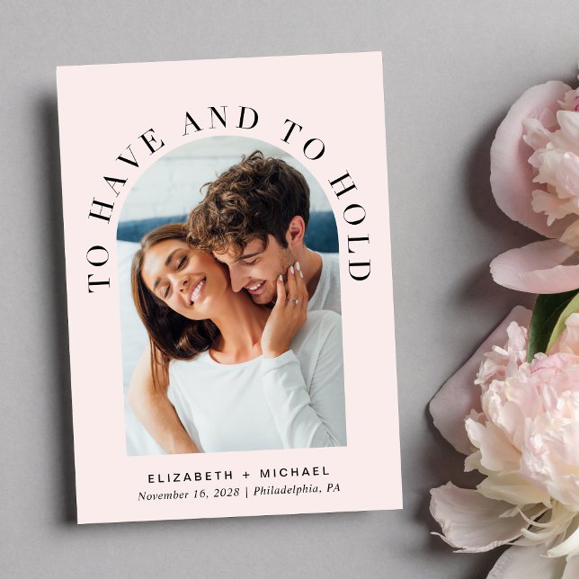 Modern Arch Photo Pink Wedding Invitation (Celebrate your love story with an invitation showcasing your favorite photo in an elegant arch frame)