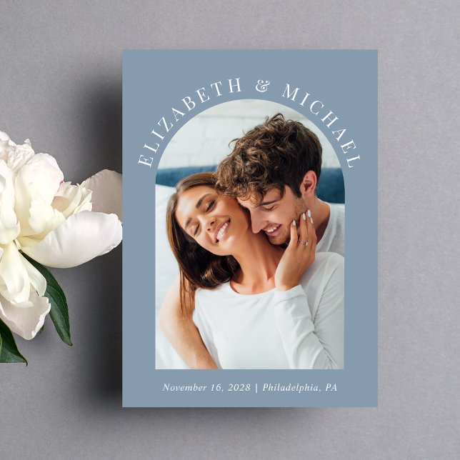 Modern Arch Photo QR Code Dusty Blue Wedding Invitation (Celebrate your love story with an invitation showcasing your favorite photo in an elegant arch frame)