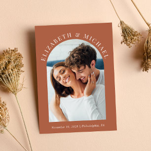 Modern Arch Photo QR Code Terracotta Wedding Invitation