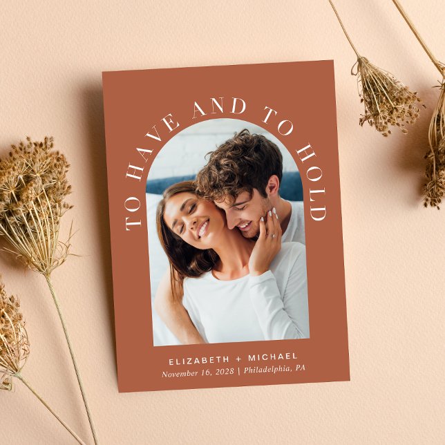 Modern Arch Photo QR Code Terracotta Wedding Invitation (Celebrate your love story with an invitation showcasing your favorite photo in an elegant arch frame)