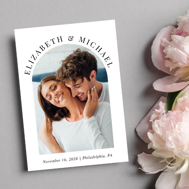 Modern Arch Photo QR Code Wedding Invitation (Celebrate your love story with an invitation showcasing your favorite photo in an elegant arch frame)