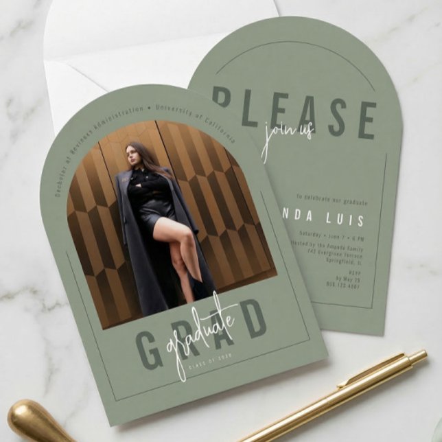 Modern Arch Photo Sage Green Graduation Invitation (Creator Uploaded)