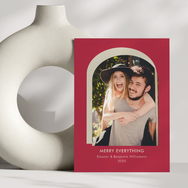 Modern Arch Photo Simple Red Merry Everything Holiday Card (Creator Uploaded)