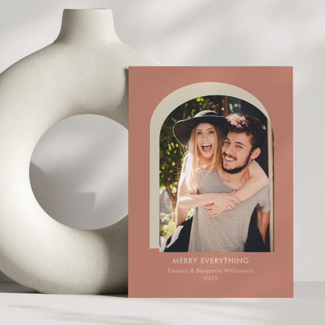 Modern Arch Photo Terracotta Merry Everything Holiday Card (Creator Uploaded)