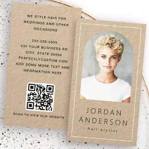 Modern arch photo thin border QR code Kraft paper Business Card