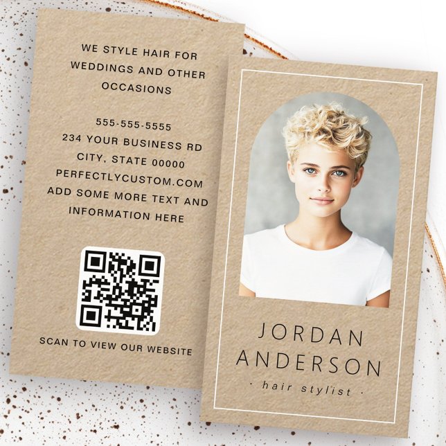 Modern arch photo thin border QR code Kraft paper Business Card (Modern arch photo thin border QR code Kraft paper Business Card)