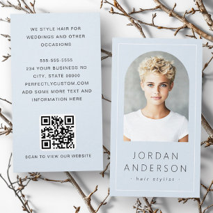 Modern arch photo thin border QR code light blue Business Card