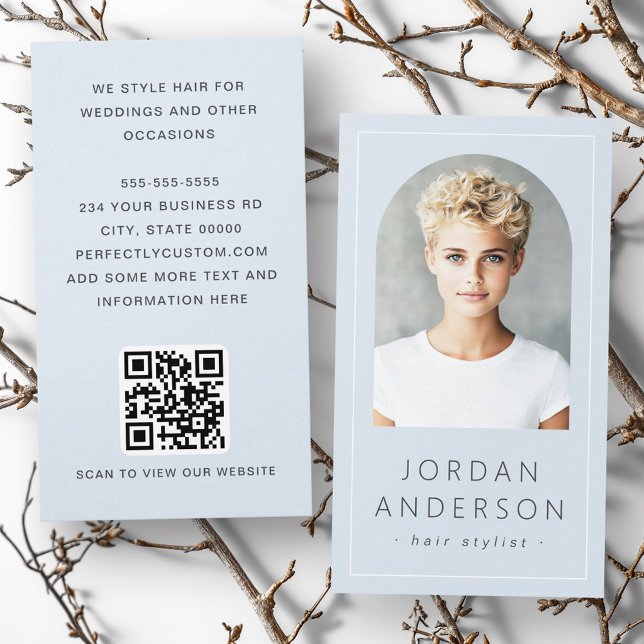 Modern arch photo thin border QR code light blue  Business Card (Modern arch photo thin border QR code light blue Business Card)