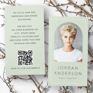 Modern arch photo thin border QR code light green Business Card