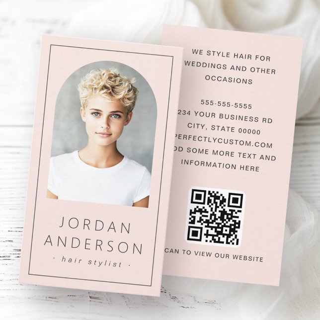 Modern arch photo thin border QR code light pink Business Card (Modern arch photo thin border QR code light pink Business Card)