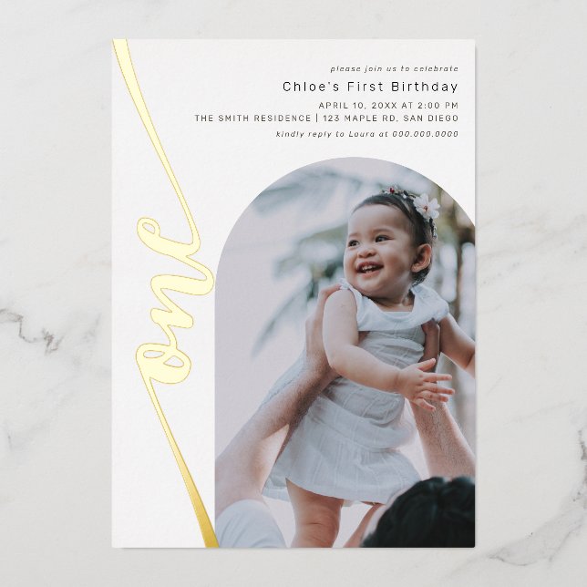 Modern Arch Photo Vertical Script 1st Birthday (Front)
