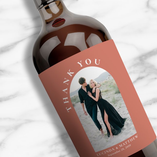 Modern Arch Photo Wedding Thank You Wine Label (Creator Uploaded)