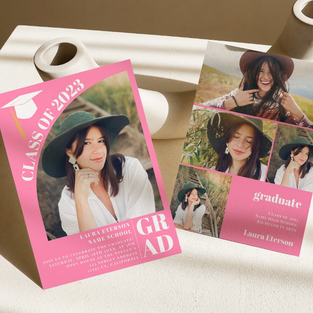 Modern arch pink 5 photos graduation invitation (Creator Uploaded)