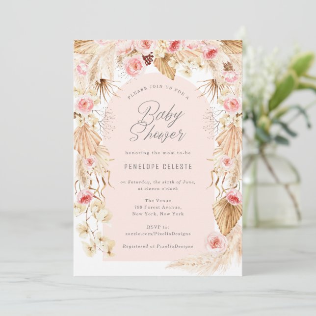 Modern Arch pink boho floral Pampas Baby shower Invitation (Standing Front)