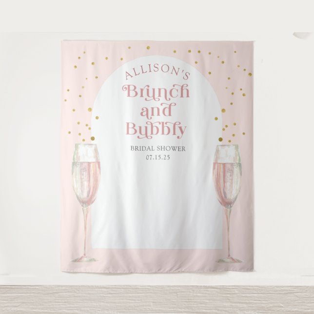 Modern arch pink brunch and bubbly bridal backdrop tapestry (Front)