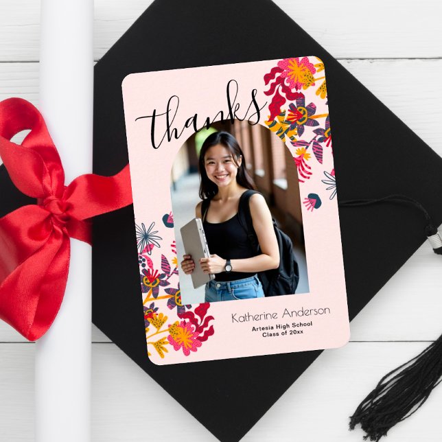 Modern Arch Pink Floral Photo Graduation Party Thank You Card (Creator Uploaded)
