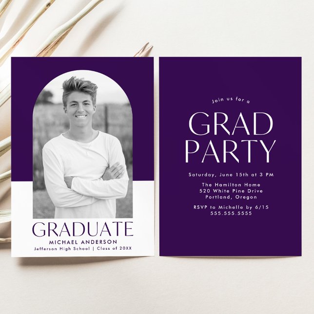 Modern Arch Purple Color Block Graduation Party Invitation (Creator Uploaded)