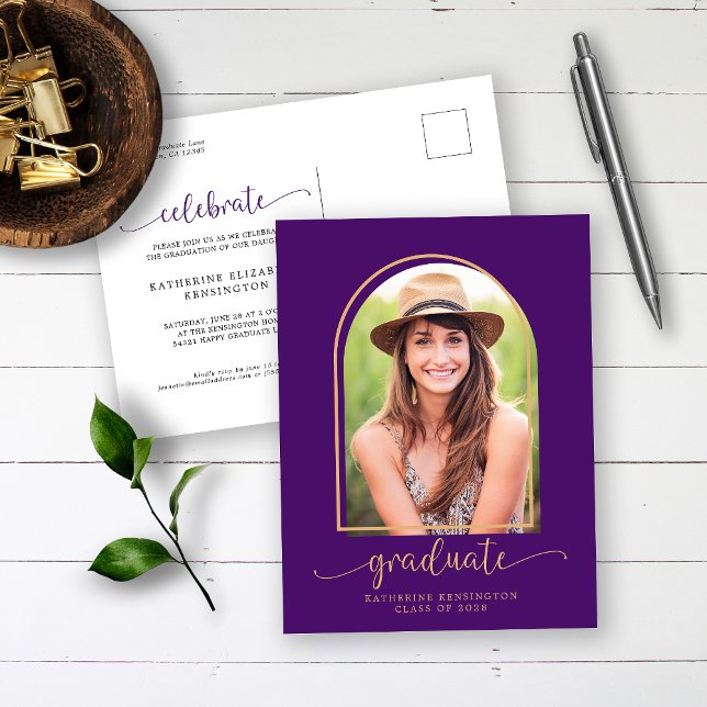 Modern Arch Purple Gold Photo Graduation Announcement Postcard (Creator Uploaded)