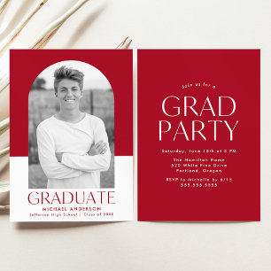 Modern Arch Red Colour Block Graduation Party Invitation