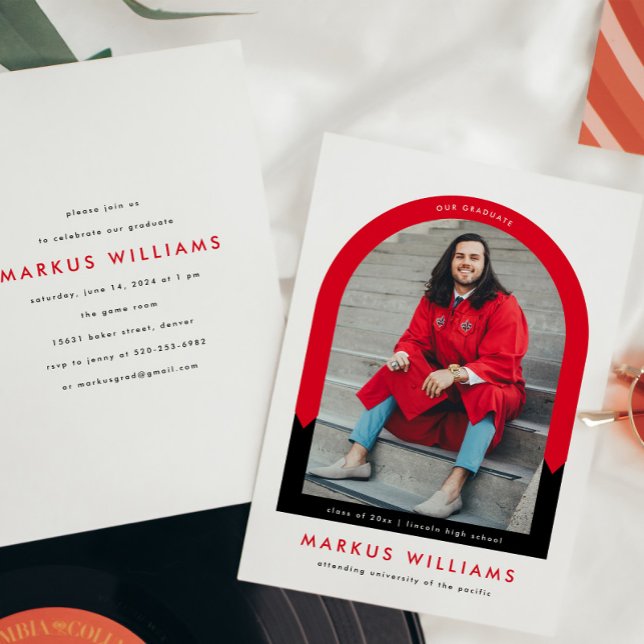 Modern Arch Red School Colours Graduation Party Invitation (Creator Uploaded)