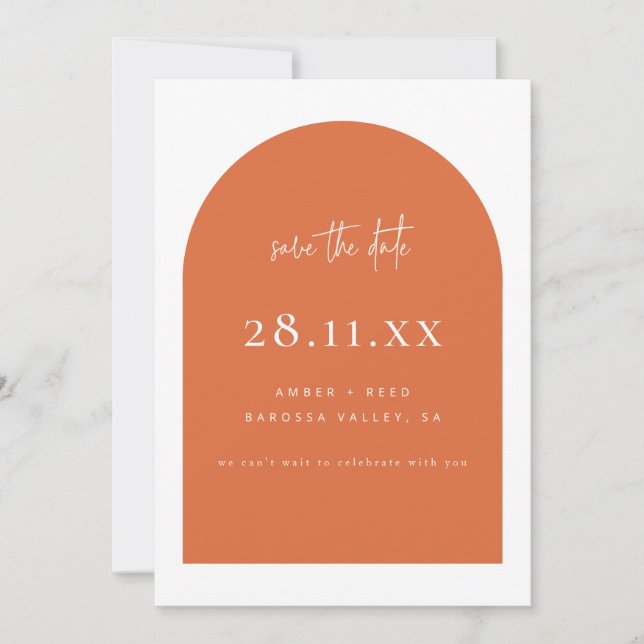 Modern Arch Retro Minimalist Burnt Orange Script Save The Date (Front)