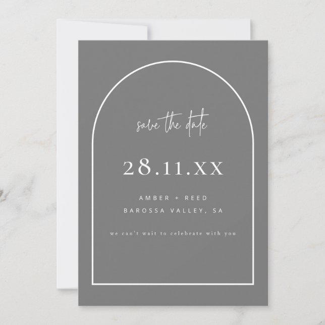 Modern Arch Retro Minimalist Grey Save The Date (Front)