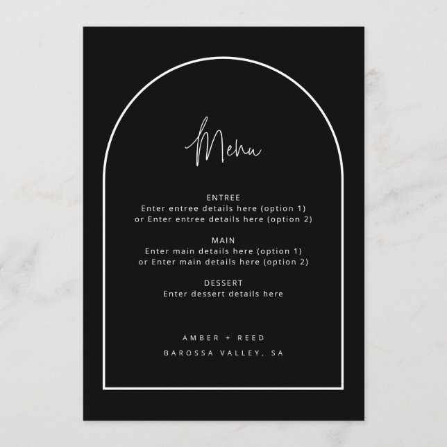 Modern Arch Retro Minimalist Script Black Wedding Menu (Front)
