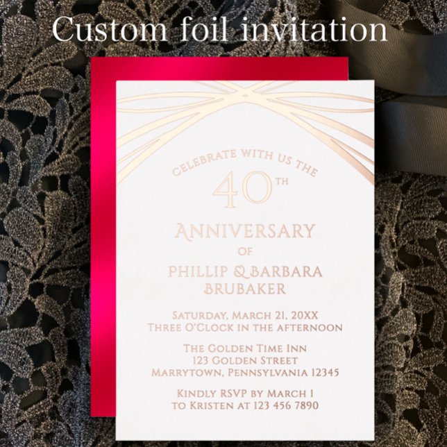 Modern Arch Ruby 40th Wedding Anniversary Party (Personalize this template for a custom elegant rose foil 40th wedding anniversary party invitations.)