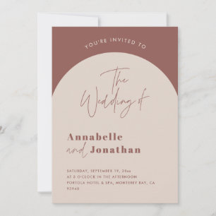 Modern arch rust green script typography wedding invitation