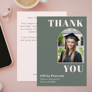Modern Arch Sage Green and Pink Photo Graduation Thank You Card