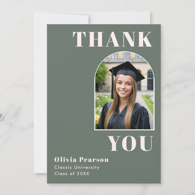 Modern Arch Sage Green and Pink Photo Graduation Thank You Card (Front)