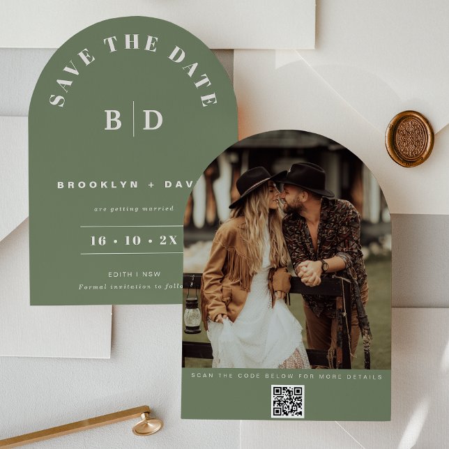 Modern Arch Sage Wedding Save The Date Card (Modern Arch Sage Save The Date Card, Couples Photo, QR Code, Sage Arch Wedding Save The Date Card)