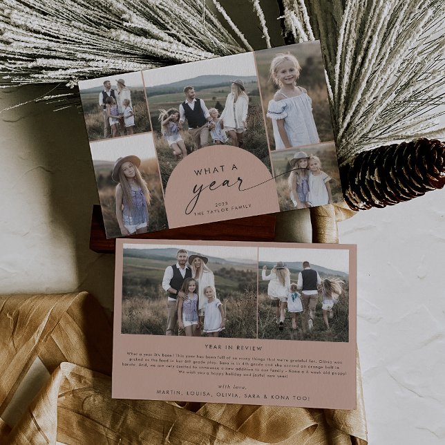 Modern Arch Salmon Multi Photo Family What A Year Holiday Card (Creator Uploaded)