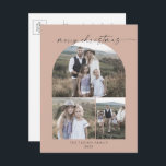 Modern Arch Salmon Photo Collage Family Christmas Holiday Postcard<br><div class="desc">This modern arch salmon photo collage family Christmas holiday postcard is the perfect simple holiday greeting. The bohemian orange pink design features unique industrial lettering typography with minimalist vintage style. Personalise your postcard with 3 family photos, your family name, first names, and year. Include an optional year in review or...</div>