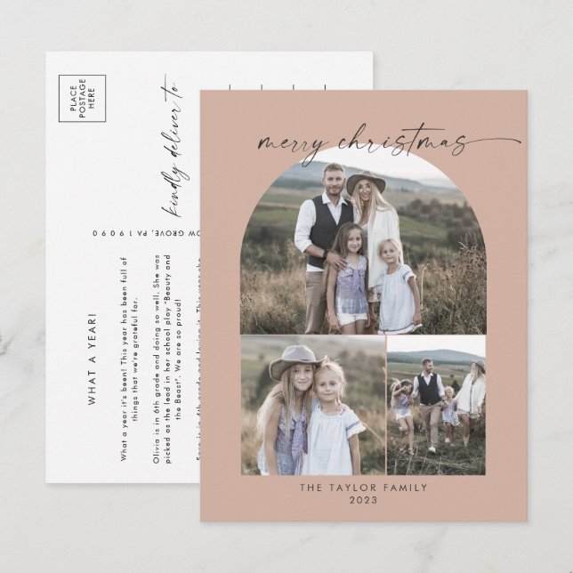 Modern Arch Salmon Photo Collage Family Christmas Holiday Postcard (Front/Back)