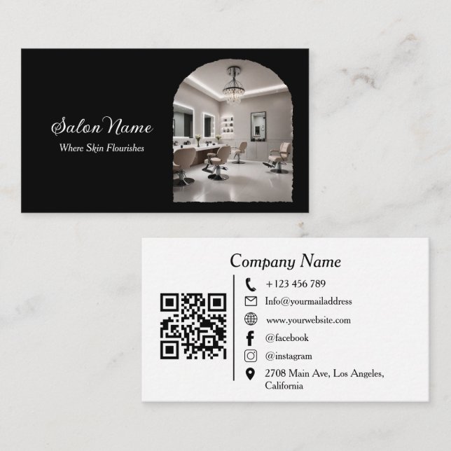 Modern Arch Salon Spa QR Code Black White Business Card (Front/Back)