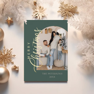 Modern Arch Shape Photo Sage Green Christmas Gold Foil Holiday Card