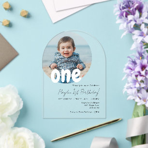 Modern Arch Simple Baby Round Photo Birthday Acrylic Invitations