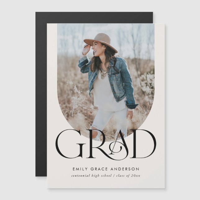 Modern Arch Simple Boho Three Photo Graduation Mag Magnetic Invitation (Front/Back)