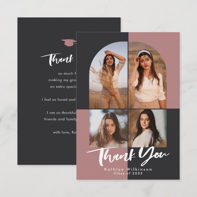 Modern Arch Terracotta Pink Grey Photo Graduation Thank You Card (Front/Back)