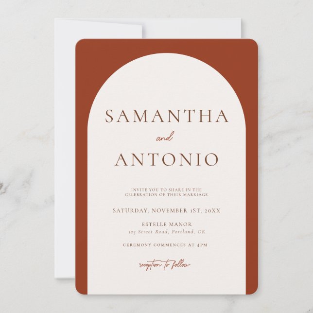 Modern Arch Terracotta Red Wedding Invitation (Front)