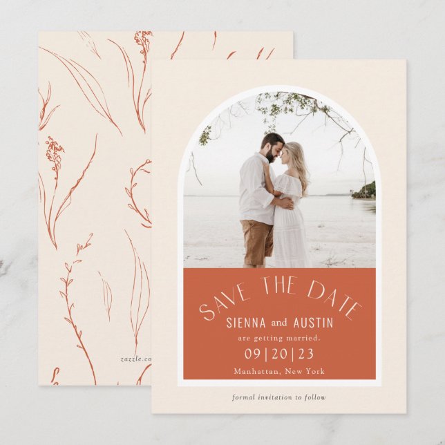 Modern Arch Terracotta Wedding Photo save the date (Front/Back)