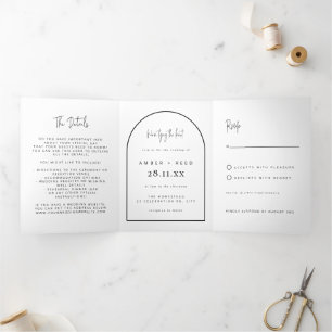 Modern Arch Tying Knot Black White Wedding Script  Tri-Fold Invitation