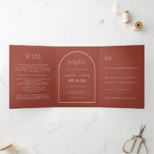 Modern Arch Tying Knot Terracotta Wedding Script Tri-Fold Invitation