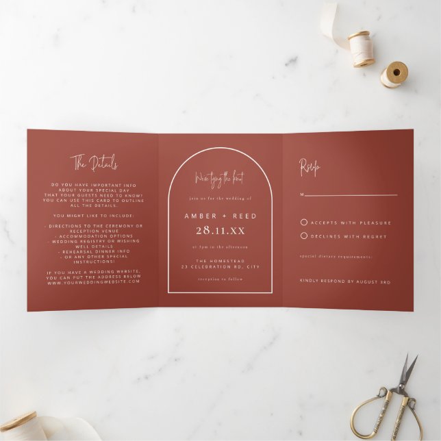 Modern Arch Tying Knot Terracotta Wedding Script Tri-Fold Invitation (Inside)