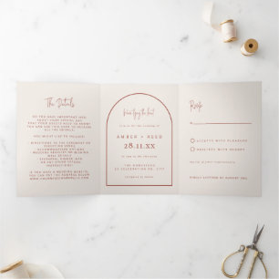 Modern Arch Tying Knot Terracotta Wedding Script Tri-Fold Invitation